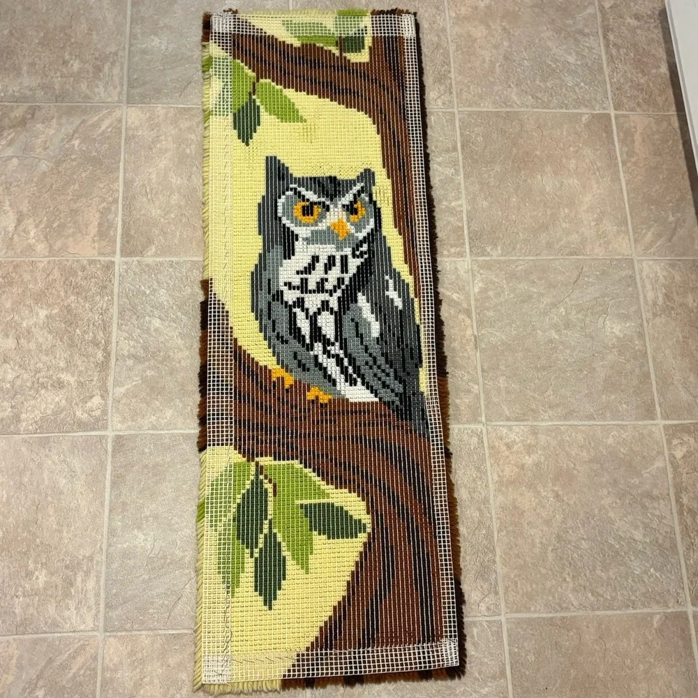 1970s Large Vintage Great Gray Owl Latch Hook Wall Hanging 16x48‎